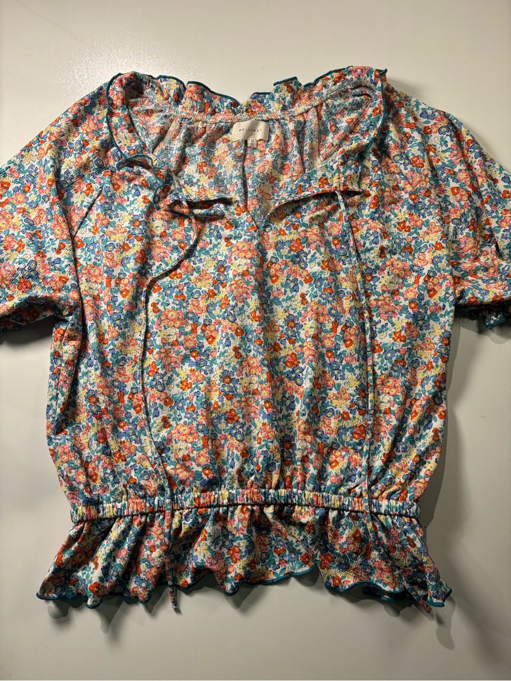 MELLODAY Floral Ruffle Tie-Neck Blouse - Blue, Orange, Pink